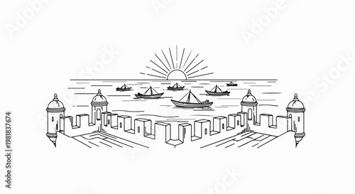 Stylized black and white illustration of a fortified coastline with sailboats at sunrise