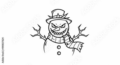 Spiky top hat, wicked smile, and twig arms characterize this menacing snow figure
