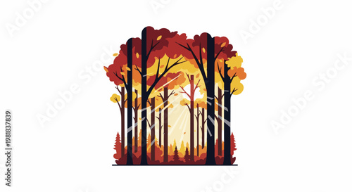 Stylized autumn forest with sunbeams piercing through colorful foliage