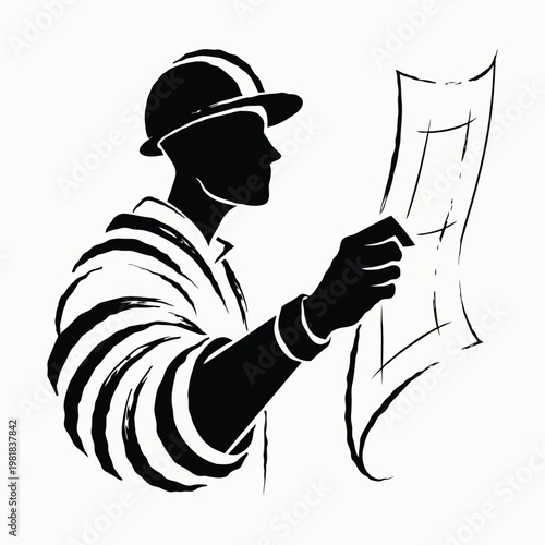 Silhouette of architect or construction worker reviewing blueprints on white background Keywords: architect, construction, worker