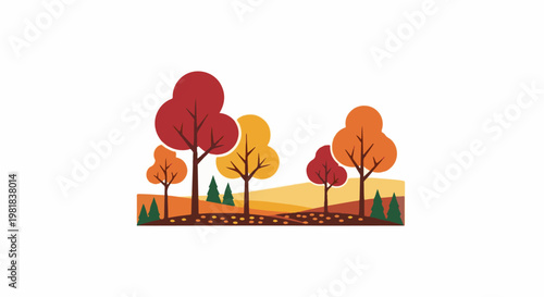 Stylized autumn trees and rolling hills in warm colors