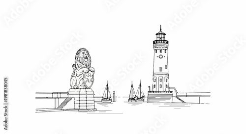 Sketch of a lion statue guarding a harbor entrance with a lighthouse