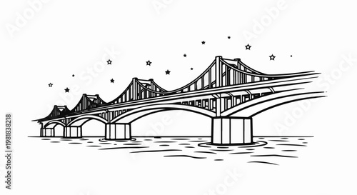 Sketch of a suspension bridge spanning over water with stars above