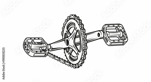 Stylized black and white illustration of bicycle pedals and crankset