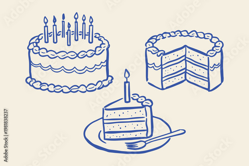 Birthday cakes and slice naive doodle vector illustration
