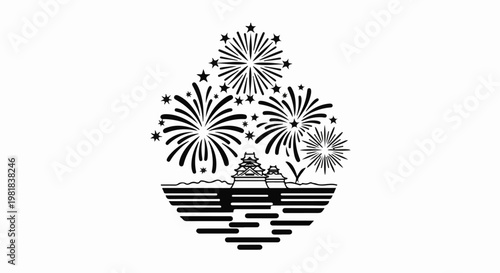 Stylized black and white illustration of fireworks over a castle and water
