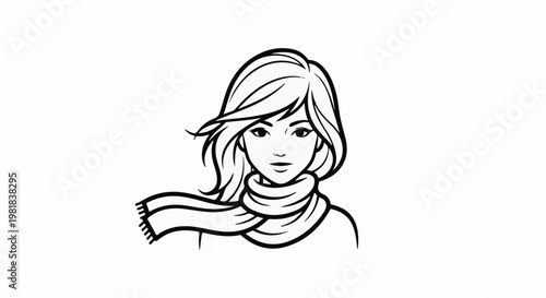 Stylized black and white illustration of a young woman with flowing hair and a scarf