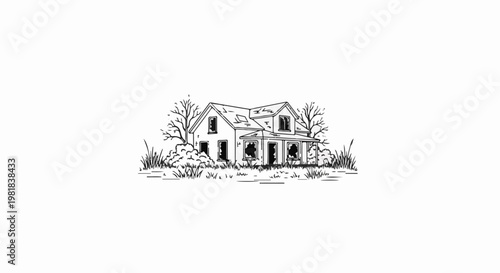 Sketch of an old, abandoned house with broken windows and overgrown vegetation