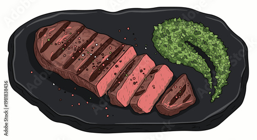 Sliced grilled steak with seasoning and green side dish on plate