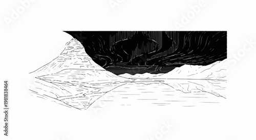 Sketch of aurora borealis over a frozen, mountainous landscape with reflection