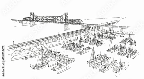 Sketch of boats docked in a marina below a large railway bridge