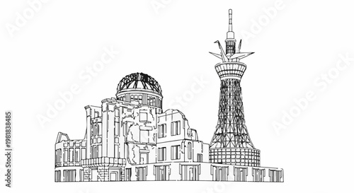 Sketch of bombed building beside modern tower