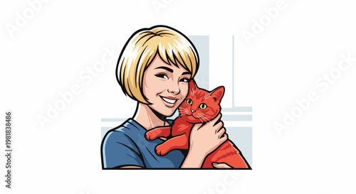 Smiling blonde woman holding a ginger cat