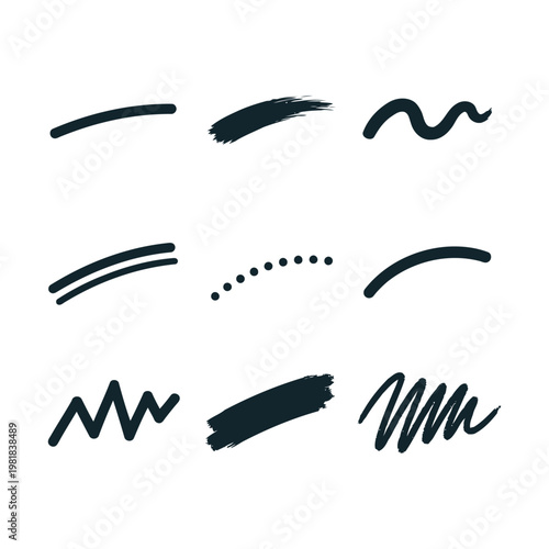 Vector set of hand drawn black brush strokes, marker underlines, and wavy highlight elements isolated on white.