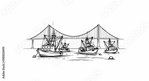 Sketch of four fishing boats docked near a large suspension bridge