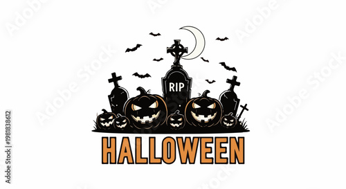 Spooky Halloween scene with grinning pumpkins, tombstones, and bats under a moon