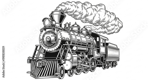 A vintage steam locomotive chugging along a track with smoke billowing from its chimney