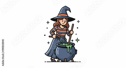 Smiling witch stirs bubbling green potion in cauldron with star sparkles
