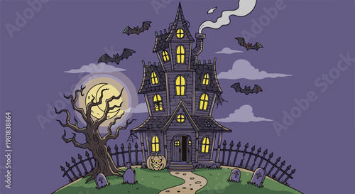 Spooky haunted house with bats and pumpkin under a large moon