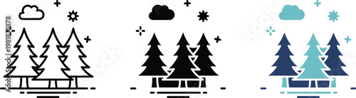 Winter forest silhouette collection black blue and teal tree designs with snowy accents