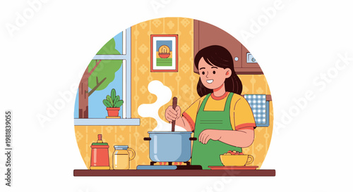Smiling woman in apron cooks at stovetop in cheerful, illustrated kitchen