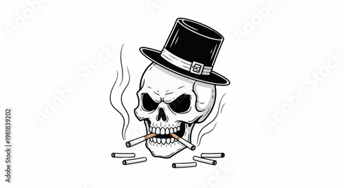 Smoking skull in top hat with cigarettes, cartoon style