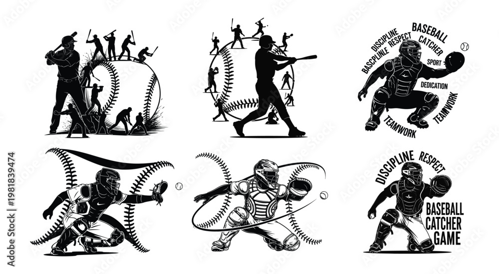 Fototapeta premium Set of black and white baseball catcher silhouettes and player icons with sports typography in a vector graphic style