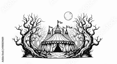 Spooky tent and twisted trees under a full moon