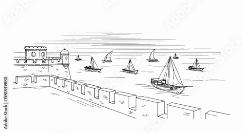 Sketch of sailboats sailing past a stone fortress with battlements