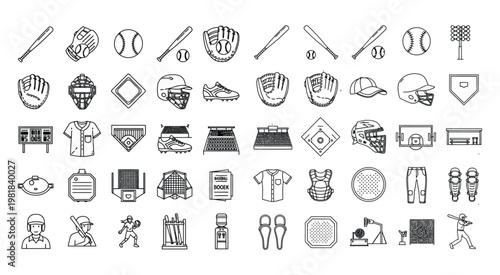 Comprehensive collection of baseball equipment and catcher gear icons in a hand drawn sketch style set