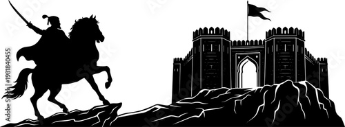 Chhatrapati Shivaji Maharaj Horse Riding Fort Black and White Silhouette Illustration