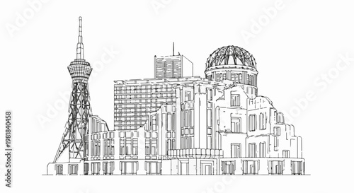 Sketchy outlines of a tall tower and dome building with surrounding structures