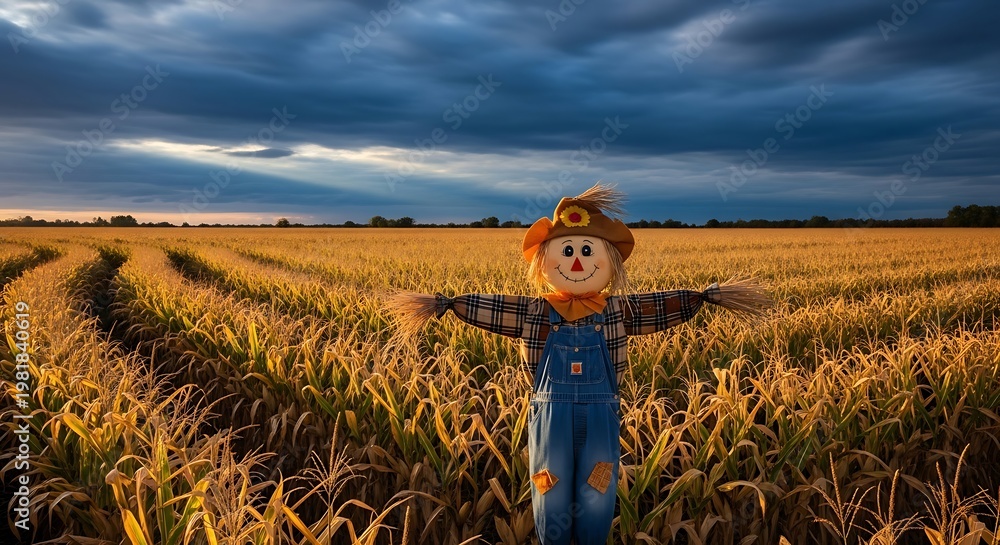 Fototapeta premium Cheerful scarecrow standing in a golden cornfield with dramatic sky perfect for autumn harvest season