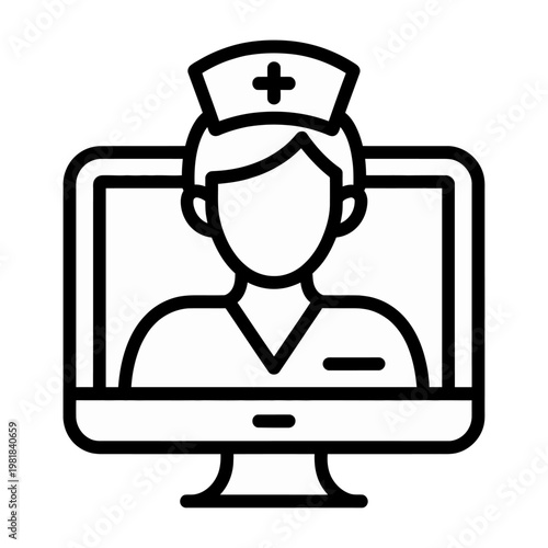Vector of a nurse on a computer screen for telemedicine or online healthcare services.