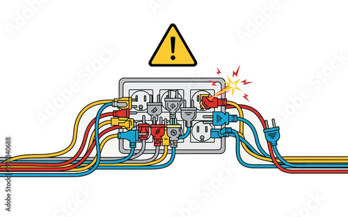Overloaded electrical outlet with tangled plugs sparking warning.