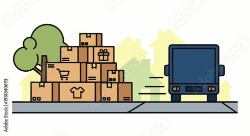 Stacks of boxes and a truck near houses with a tree