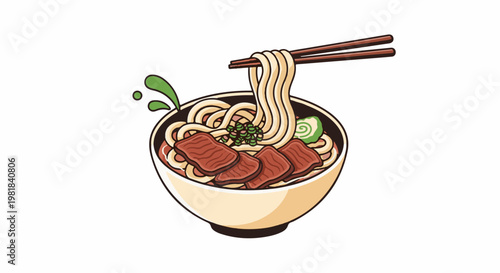 Steaming bowl of udon noodles with beef slices and green garnishes
