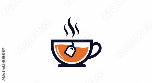Steaming cup with tea bag and orange liquid