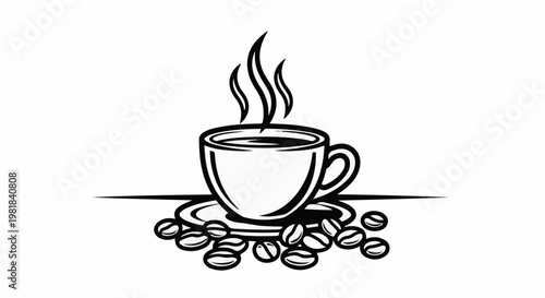 Steaming cup of coffee on saucer with scattered coffee beans