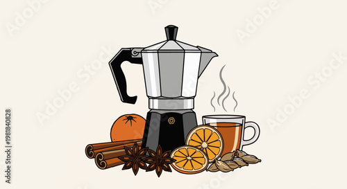 Steaming espresso maker with orange, cinnamon, star anise, and cardamom