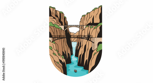 Steep canyon with aqueducts and river below, a boat sails