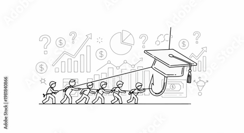 Stick figures pull fishing hook with graduation cap, money, and charts