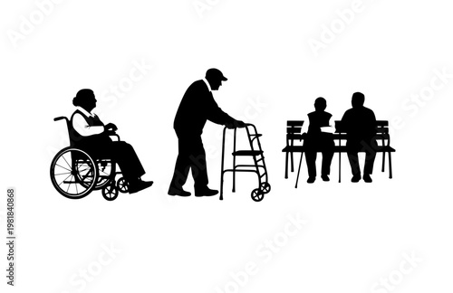 Elderly Disabled People in Nursing Home Silhouettes Set. Black Vector Senior Citizens in Wheelchairs and Walkers for Healthcare Design.