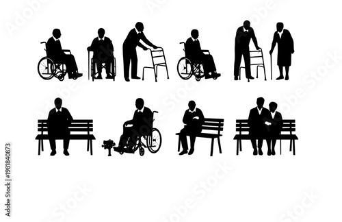 Elderly Disabled People in Nursing Home Silhouettes Set. Black Vector Senior Citizens in Wheelchairs and Walkers for Healthcare Design.