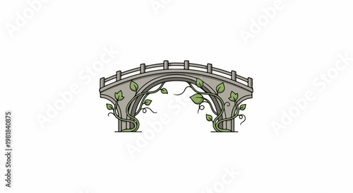 Stone arch bridge with green vines and leaves adorning its structure