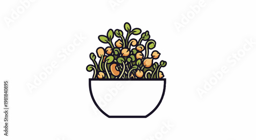 Sprouts in a white bowl, vibrant green leaves, orange seed sprouts