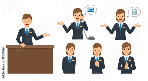 Set of 6 Hotel Receptionist and Bellboy Vector Illustrations