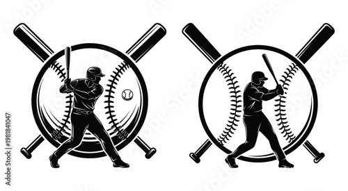 Black and white baseball batter illustration with crossed bats and ball for team logo or emblem design