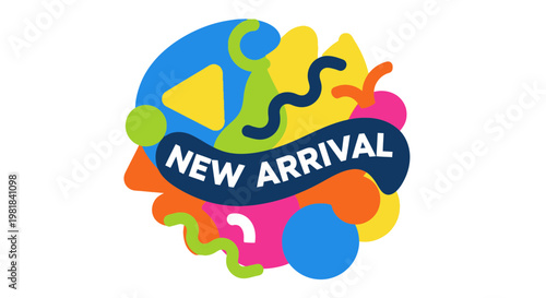 New Arrival Announcement with Colorful Abstract Shapes and Wavy Lines