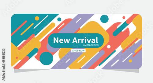 New Arrival banner with abstract colorful shapes and modern design